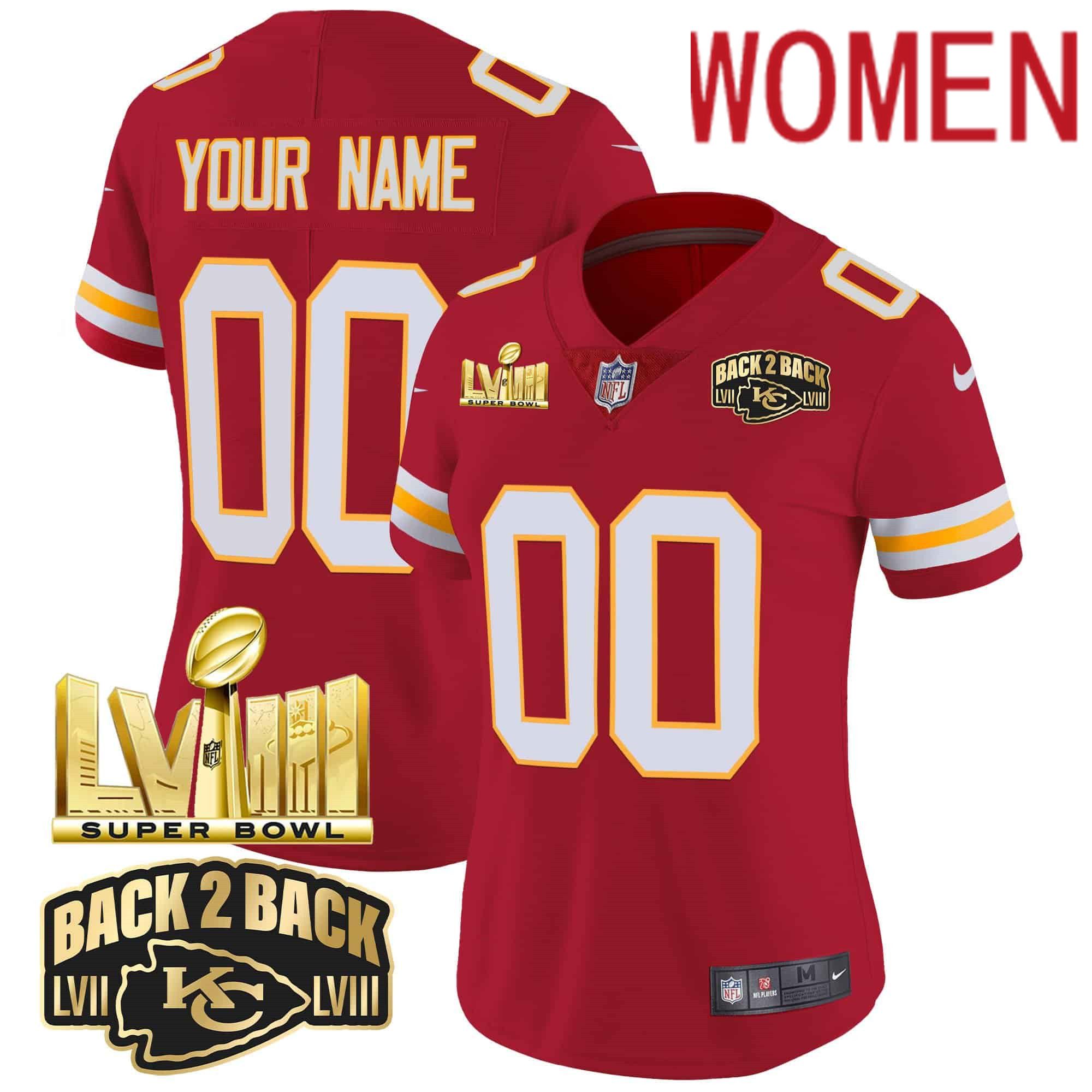 Women Kansas City Chiefs Red 2024 Nike Super Bowl LVIII & Back 2 Back Gold Patch Vapor Custom NFL Jersey style 3